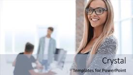  Presentation with office - Slides enhanced with positioning strategy - portrait of young business woman background and a  colored foreground