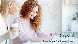  Presentation with smartphone app - Audience pleasing PPT theme consisting of positive attractive office ladies testing backdrop and a sky blue colored foreground