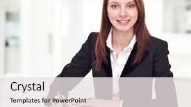  Presentation with bank - Slides having positive bank official young woman background and a  colored foreground