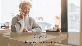  Presentation with smart city - Slide deck enhanced with positive beautiful plus size woman using smart phone while sitting by the window in city street cafe background and a coral colored foreground