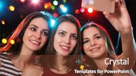  Presentation with girls night - Audience pleasing PPT theme consisting of positive behavior - smiling girls with smartphone taking backdrop and a tawny brown colored foreground