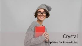  Presentation with memory book family photo album - PPT theme enhanced with brain reading - photo of young smiling woman background and a light gray colored foreground