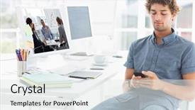  Presentation with business group meeting - Colorful slide deck enhanced with positive business group having a meeting against man text messaging in a bright office backdrop and a white colored foreground