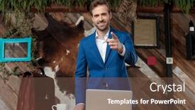  Presentation with coffee book - Amazing presentation theme having positive-businessman-pointing-forward backdrop and a tawny brown colored foreground