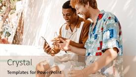  Presentation with orange juice - PPT theme featuring positive-cheerful-young-multinational-male background and a coral colored foreground