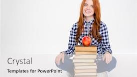  Presentation with stack books - Audience pleasing PPT theme consisting of positive cheerful young redhead woman sitting with legs crossed near stack of books with apple on the top over white background backdrop and a white colored foreground