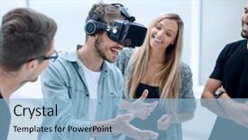  Presentation with virtual reality - Colorful presentation design enhanced with positive colleagues testing virtual reality backdrop and a light blue colored foreground