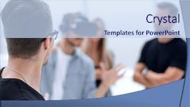  Presentation with virtual reality shooter - Beautiful slide deck featuring positive colleagues testing virtual reality backdrop and a sky blue colored foreground