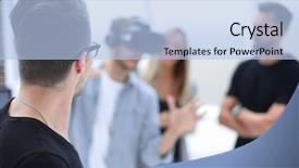  Presentation with virtual reality therapy - Presentation theme having positive colleagues testing virtual reality background and a light blue colored foreground