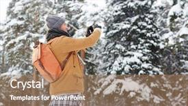  Presentation with blogger - Colorful slide set enhanced with positive curious young man in winter coat wearing satchel using smarphone while photographing nature during hiking travel blogger concept backdrop and a coral colored foreground