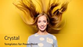  Presentation with long hair - PPT theme enhanced with long flying hair over yellow background and a gold colored foreground