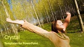  Presentation with woods - Presentation enhanced with positive emotional - young woman in woods feeling background and a  colored foreground