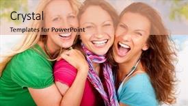  Presentation with fun - Audience pleasing PPT theme consisting of positive energy - girlfriends having fun backdrop and a coral colored foreground