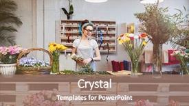  Presentation with flower woman - Beautiful presentation theme featuring cheerful beautiful young woman florist backdrop and a coral colored foreground