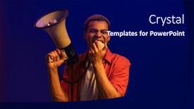  Presentation with announcement - Presentation theme featuring positive-excited-african-man-screaming background and a navy blue colored foreground