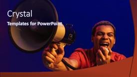  Presentation with announcement - Presentation theme enhanced with positive-excited-african-man-screaming background and a navy blue colored foreground