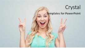  Presentation with teenage girl - Colorful PPT theme enhanced with positive gesture and people concept - smiling young woman or teenage girl showing peace hand sign with both hands over gray background backdrop and a light gray colored foreground