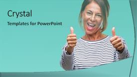  Presentation with winner - Beautiful presentation theme featuring positive gesture with hand thumbs backdrop and a seafoam green colored foreground