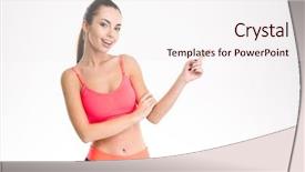  Presentation with camera - Presentation design enhanced with positive happy young sportswoman in tracksuit pointing away and looking camera over white background background and a sky blue colored foreground