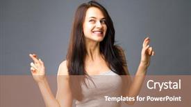  Presentation with body language - PPT layouts featuring beautiful satisfied girl beggs god background and a coral colored foreground