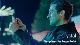  Presentation with amusement park - Amazing PPT theme having positive-man-take-photo backdrop and a navy blue colored foreground