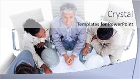  Presentation with architects - Beautiful PPT theme featuring positive multi-ethnic architects studying blueprints in a meeting backdrop and a white colored foreground