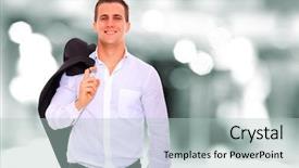  Presentation with environement - Colorful slide deck enhanced with positive office environment - closeup of a young smiling backdrop and a mint green colored foreground