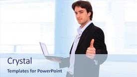  Presentation with environement - Slide deck with positive office environment - closeup of a young smiling background and a sky blue colored foreground