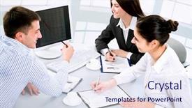  Presentation with young students working in groups - Theme consisting of positive office environment - three young business colleagues working background and a sky blue colored foreground