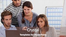  Presentation with laptop - Beautiful presentation theme featuring positive office environment - young people gathered round backdrop and a  colored foreground
