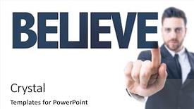  Presentation with believe - PPT theme with positive psychology strengths - business man pointing the text background and a white colored foreground