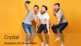  Presentation with three - Cool new presentation design with positive relationships - three young happy men taking backdrop and a gold colored foreground