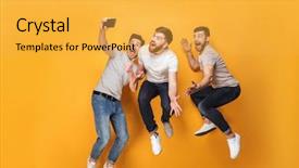  Presentation with virile young men - Presentation theme with positive relationships - three young smiling men taking background and a yellow colored foreground