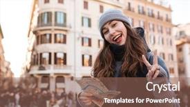  Presentation with cheerful stylish city girl using - Cool new slide deck with positive roadmaps - cheerful joyful young woman using backdrop and a violet colored foreground