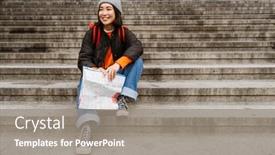  Presentation with asian map - Presentation design enhanced with positive-smiling-asian-girl-tourist background and a gray colored foreground