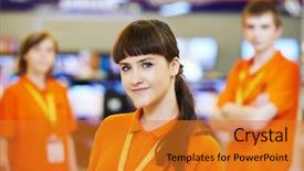  Presentation with supermarket - Presentation design consisting of positive team of shop assistants background and a gold colored foreground