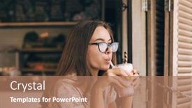  Presentation with smoothie - Colorful presentation enhanced with positive teen girl enjoying sweet smoothie while spending time in loft cafe backdrop and a coral colored foreground