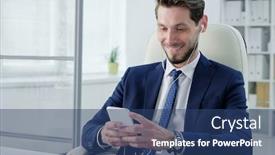  Presentation with office chair - PPT theme consisting of positive-young-bearded-businessman background and a ocean colored foreground