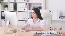  Presentation with business partner - Colorful slide set enhanced with positive-young-businesswoman-sitting backdrop and a soft green colored foreground