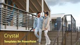  Presentation with hands down - Audience pleasing presentation consisting of positive young couple in autumn clothing holding hands and moving down stairs of cottage while chatting outdoors backdrop and a tawny brown colored foreground