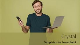  Presentation with man holding phone - PPT theme with positive-young-man-wearing-green background and a gold colored foreground