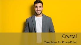  Presentation with modeling - Slide set consisting of possing and modeling over yellow background and a gold colored foreground