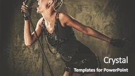  Presentation with steampunk - Amazing PPT theme having post apocalypse - attractive steampunk singer with microphone backdrop and a dark gray colored foreground