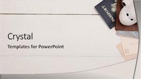  Presentation with travel - Slides enhanced with top view travel still life on a white wood table background and a sky blue colored foreground