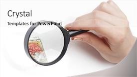  Presentation with stamp - Presentation theme featuring post inspection - hand holding magnifier analyzing background and a  colored foreground