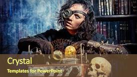  Presentation with steampunk - Colorful PPT theme enhanced with post medieval - portrait of a man steampunk backdrop and a tawny brown colored foreground