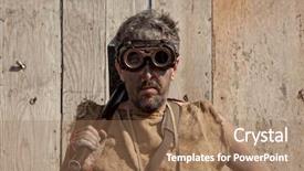  Presentation with steampunk - Cool new PPT theme with post medieval - steampunk man wearing glasses backdrop and a coral colored foreground