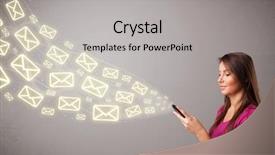  Presentation with lady - Amazing slide deck having post modern design - attractive young lady standing backdrop and a light gray colored foreground