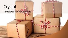  Presentation with wooden board empty table top - Slides consisting of post modern design - parcel gift boxes on wooden background and a lemonade colored foreground