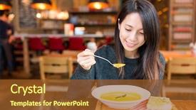  Presentation with soup - PPT theme having post modern design - woman enjoy her cream soup background and a tawny brown colored foreground